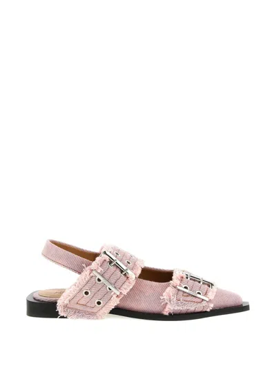 Ganni Buckle Denim Fringe Pointed Toe Slingback Sandals In Animal Print