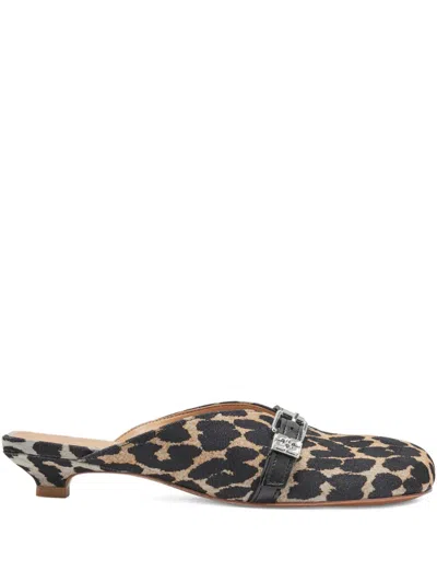 Ganni Buckle Leopard-print Mules In Black