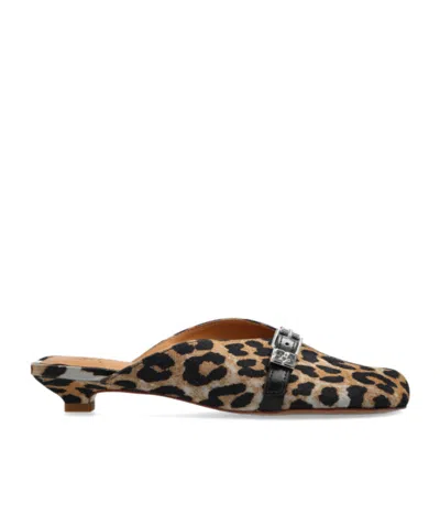 Ganni Buckle Leopard-print Mules In Brown