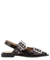 Ganni Black Croco Print Slingback Ballet Flat Shoe With Buckles In Brown