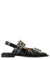 Ganni Buckle Ballerina Crocodile-effect Slingback Flats In Black