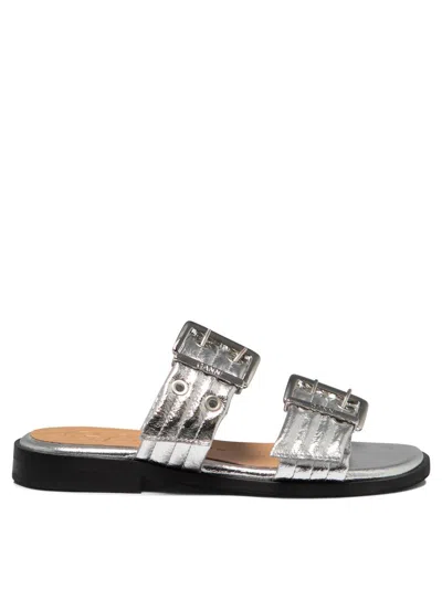 Ganni Buckle Sandals Silver In Gray