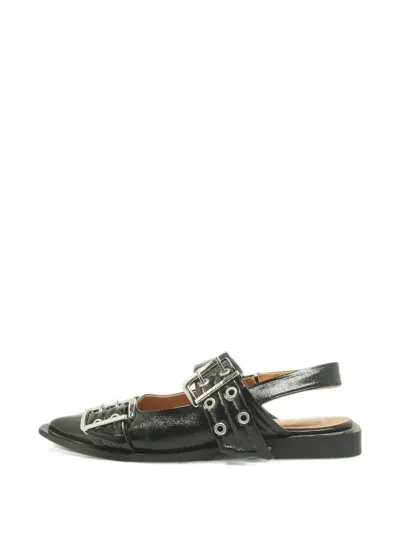 Pre-owned Ganni Buckle Slingback Flat Pumps In Black
