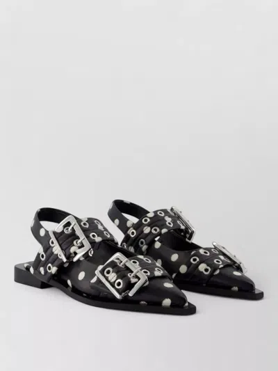 Ganni Buckle Slingback Polka Dot Leather Ballerinas In Black