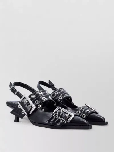 Ganni Buckle Slingback Sandals Kitten Heel Toe In Black