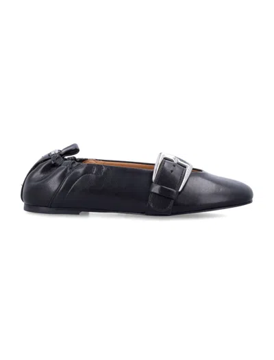 Ganni Buckle Strap Ballerinas With Rounded Square Toe In Blue