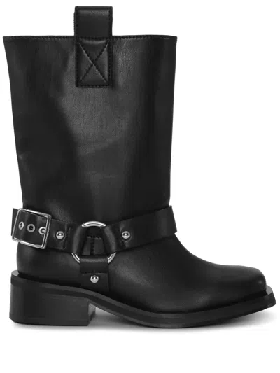 Ganni Mid Calf Recycled Leather Biker Boots In Black
