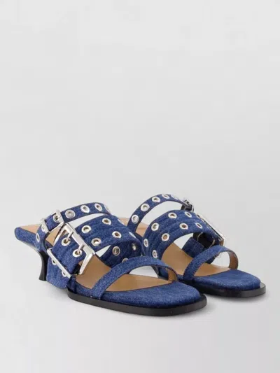 Ganni Buckle Strap Mule Sandals Cotton Kitten Heel In Blue