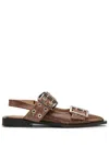 Ganni Buckle Ballerina Leather Slingback Flats In Brown