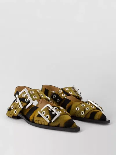 Ganni Buckle Zebra Ballerinas Flat Open Slingback In Black