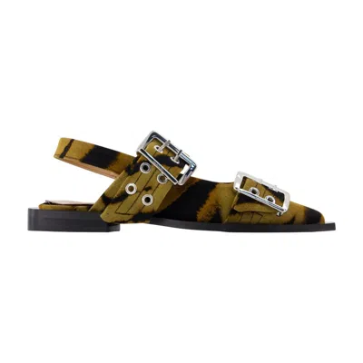 Ganni Buckle Zebra Cotton Flat In Beige