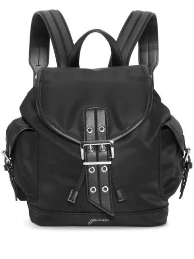 Ganni Buckled Backpack In Black