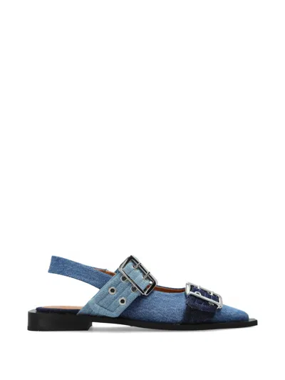 Ganni Buckled Denim Ballet Flats In Blue