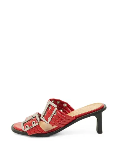 Pre-owned Ganni Buckled Eyelet-detail Sandals In Red
