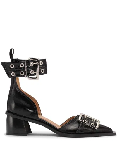 Buckled Eyelet-embellished Faux Patent-leather Pumps In Burgundy from Ganni