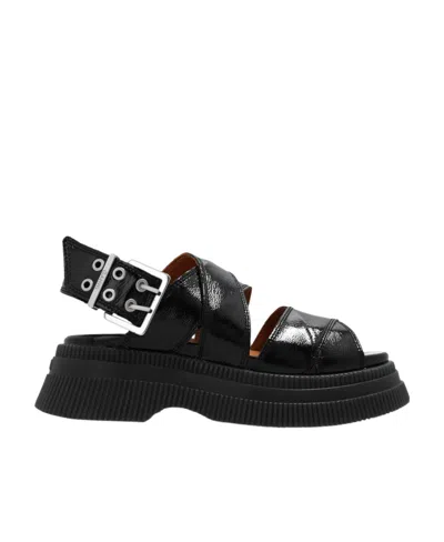 Ganni Buckled Flatform Sandals In Black