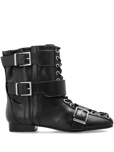 Ganni Buckled Lace-up Combat Boots In Black