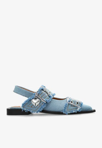 Ganni Buckled Pointed-toe Denim Flats