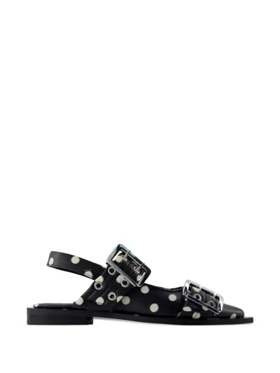 Ganni Buckle Slingback Polka Dot Leather Ballerinas In Black