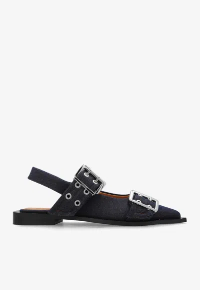 Ganni Buckled Slingback Denim Flats In Navy