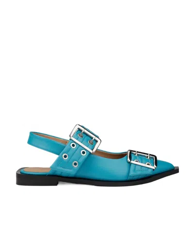 Ganni Buckled-strap Slingback Ballerina Shoes In Blue