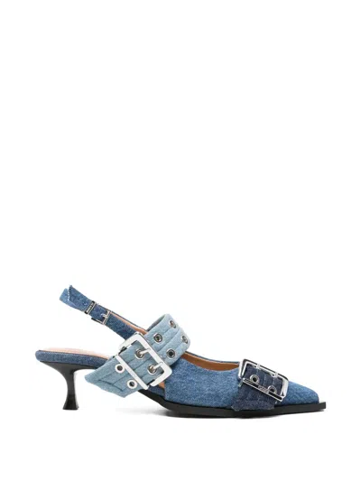 Ganni Buckle-detail Denim Pumps In Blue