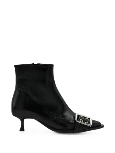 Ganni Buckle-detail Pointed-toe Ankle Boots In Black