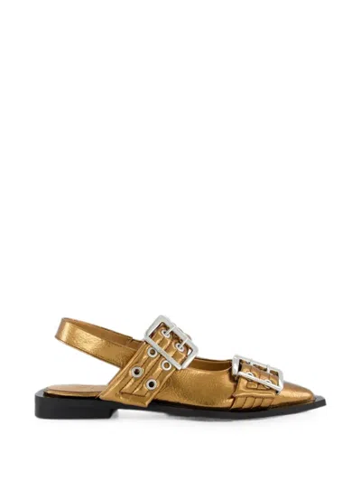 Ganni Buckle-detail Pointed-toe Flat Pumps In Gold