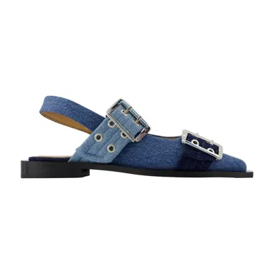 Ganni Buckle-embellished Cotton Flat In Blue