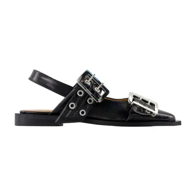 Ganni Buckle-embellished Leather Flat In Black