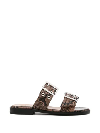 Ganni Buckle-fastening Snakeskin-effect Sandals In Brown