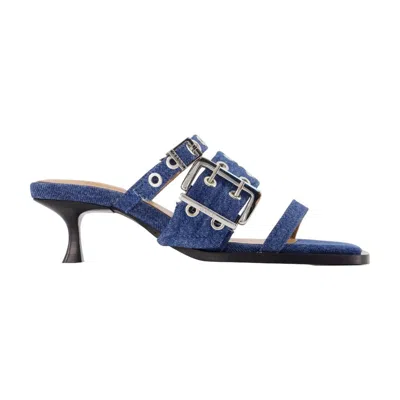 Ganni Buckle-strap Cotton Heel Mule In Blue