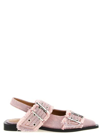Ganni Buckle-strap Fringed Denim Flat In Pink