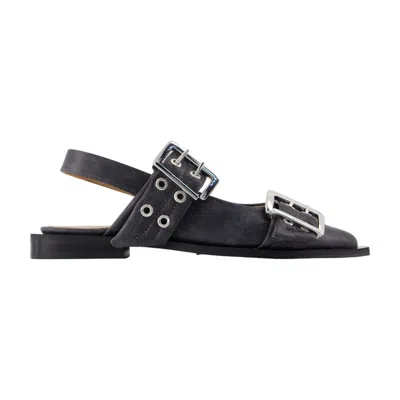 Ganni Buckle-strapped Leather Flat In Gray