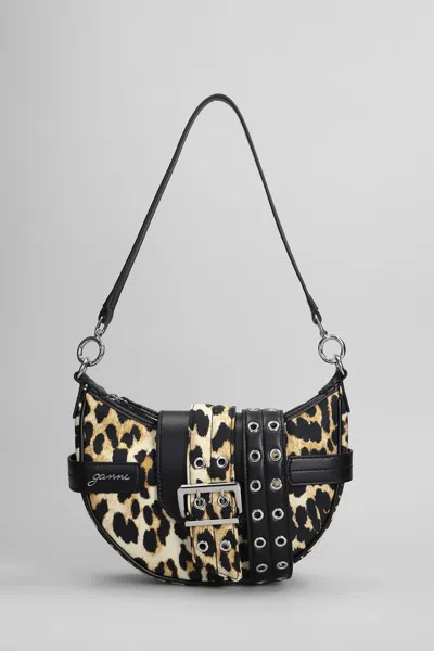 Ganni Bucky Bag Small Shoulder Bag In Animalier Nylon In Black