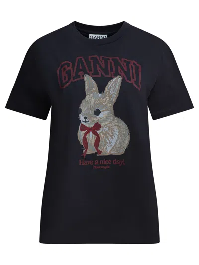 Ganni "bunny" Cotton T-shirt In Brown