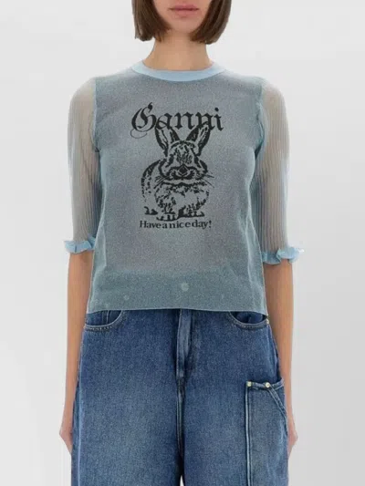 Ganni Bunny Crew Neck Knit Top Sheer In Blue