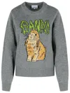 Ganni Bunny Wool Crewneck Sweater In Gray