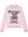 Ganni Striped Sweater With Rabbit In Pink