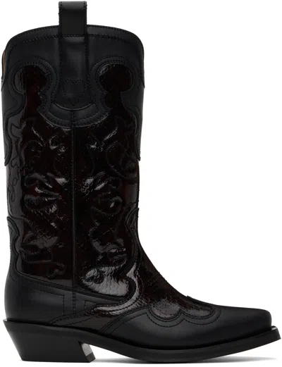 GANNI BURGUNDY & BLACK MID SHAFT EMBROIDERED WESTERN BOOTS