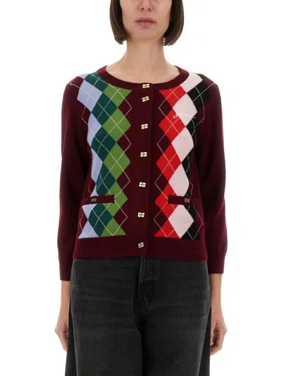 GANNI GANNI BURGUNDY ARGYLE CARDIGAN WITH THREE-QUARTER SLEEVES