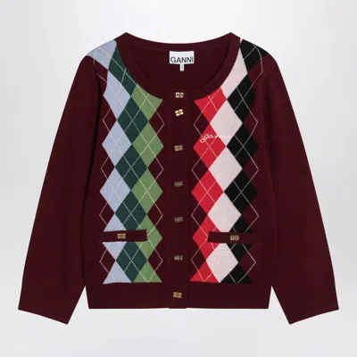 Ganni Burgundy Checked Cardigan In Cashmere Blend Women In Multi
