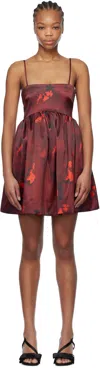 Ganni Burgundy Floral Print Satin Strap Minidress In 047 Winery