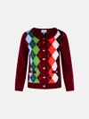 Ganni Burgundy Merino Wool Blend Check Cardigan