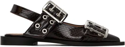 Ganni Burgundy Snake Feminine Buckle Flats In Navy