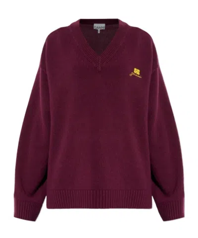 Ganni Burgundy Wool Mix V-neck Jumper In Brown