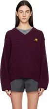 Ganni V-neck Knit Sweater In Burgundy