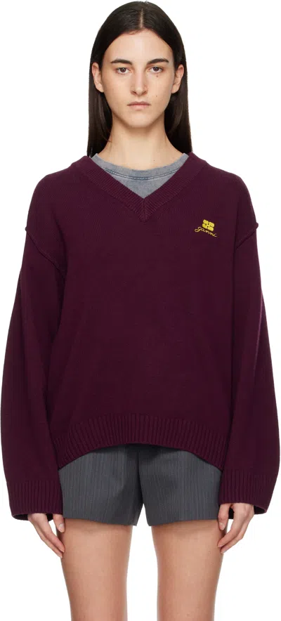 Ganni Burgundy Wool Mix V-neck Sweater