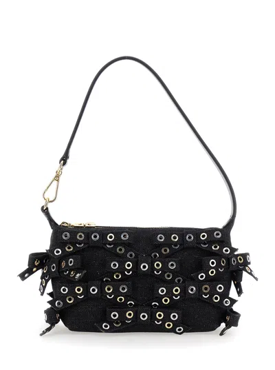 Ganni Butterfly Black Small Shoulder Bag With Eyel Detail And Bow Detail In Cotton Woman