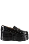 Ganni Black Patent Croco Butterfly Chain Platform Loafers In Black
